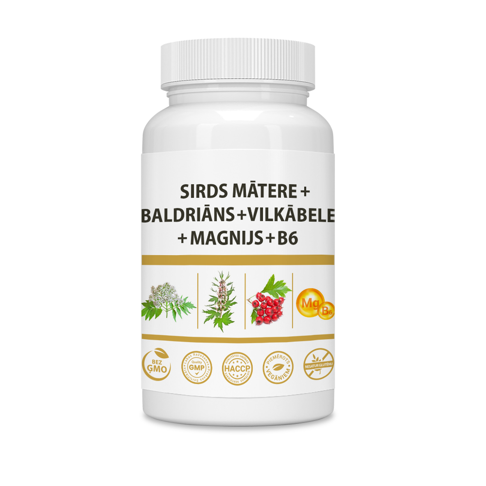 SIRDS MĀTERE + BALDRIĀNS + VILKĀBELE + MAGNIJS + B6 / MOTHERWORT + VALERIAN + HAWTHORN + MAGNESIUM + B6