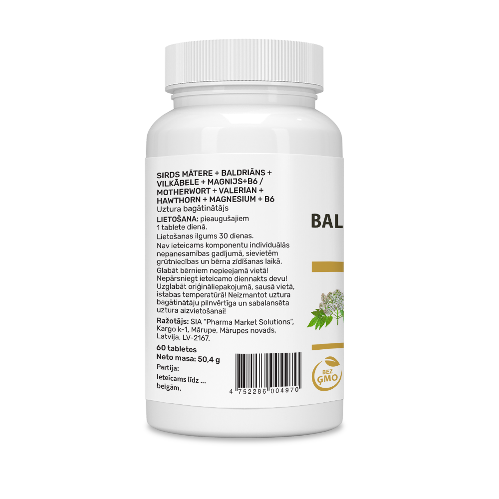 SIRDS MĀTERE + BALDRIĀNS + VILKĀBELE + MAGNIJS + B6 / MOTHERWORT + VALERIAN + HAWTHORN + MAGNESIUM + B6 - Attēls 2